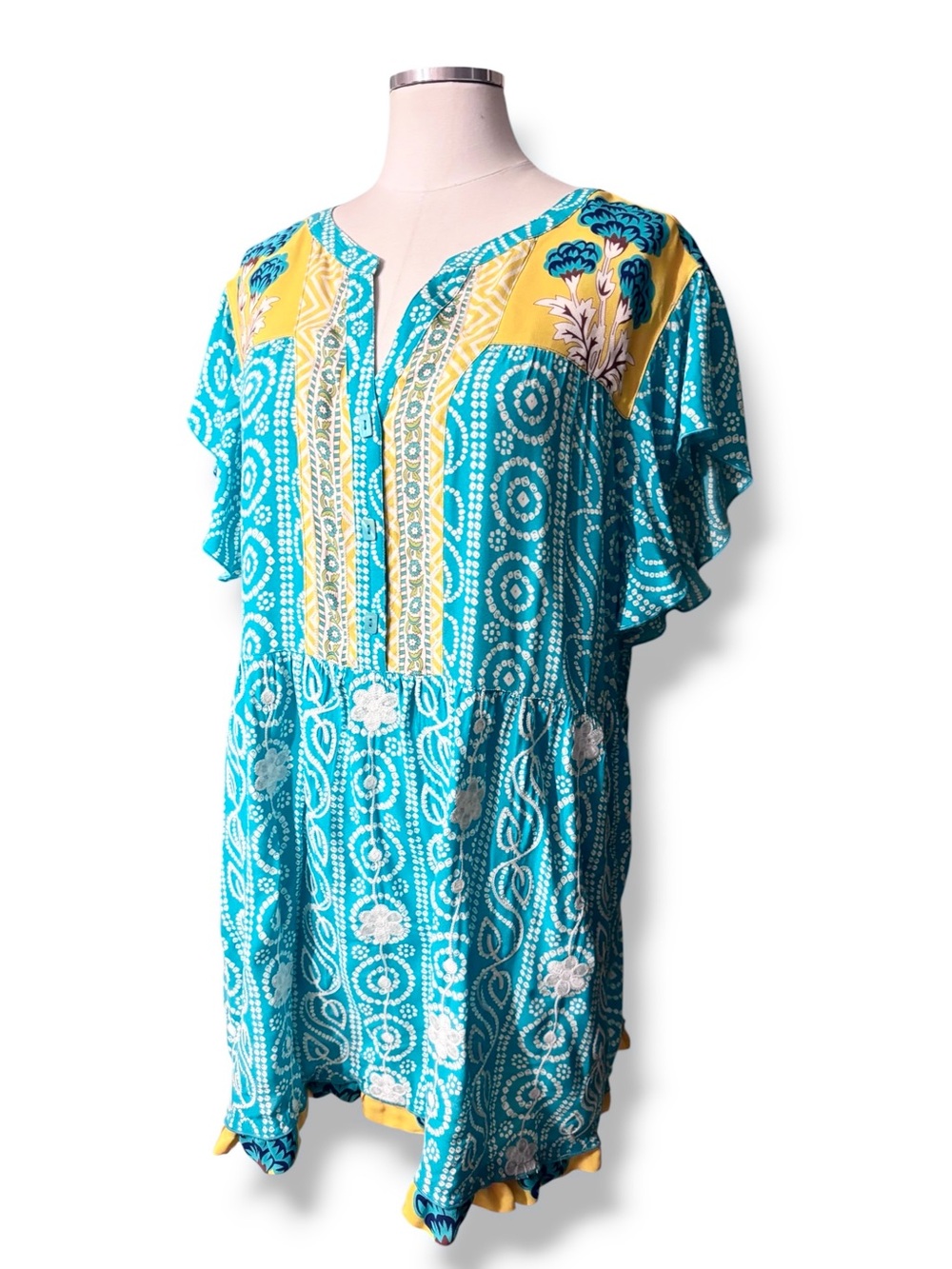 JOHN MARK Embroidered Tiered Floral Print Dress Ruffle Cap Sleeves Mixed Prints